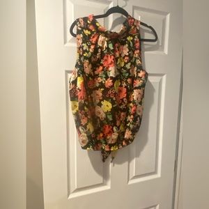 Floral high neck tie neck top